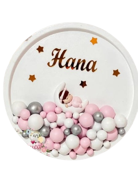 تابلو توپی اتاق کودک گرد رنگ صورتی سفید چوبی - آرنیکا گالری