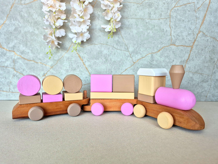قطار چوبی دخترانه رنگ صورتی قهوهای اسباب بازی اتاق کودک - آرنیکا گالری