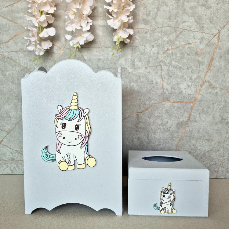 سطل زباله و جعبه دستمال یونیکورن چوبی اتاق کودک - آرنیکا گالری
