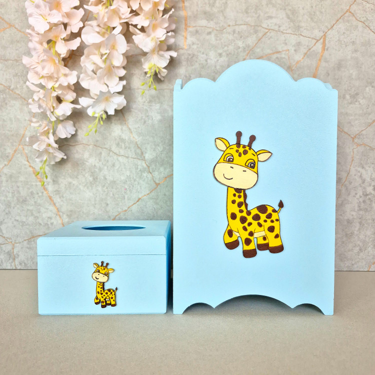 سطل زباله و جعبه دستمال طرح زرافه چوبی اتاق کودک - آرنیکا گالری