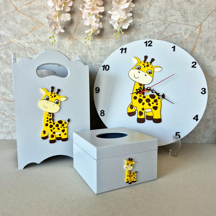 ساعت و سطل و جعبه دستمال کودک طرح زرافه چوبی - آرنیکا گالری