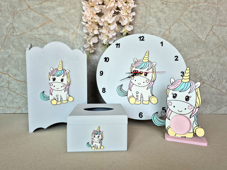 ست ساعت سطل و جعبه دستمال یونیکورن چوبی اتاق کودک - آرنیکا گالری