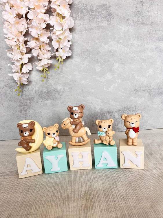 مکعب اسم کودک طرح تدی رنگ کرم سبز چوبی اتاق کودک - آرنیکا گالری